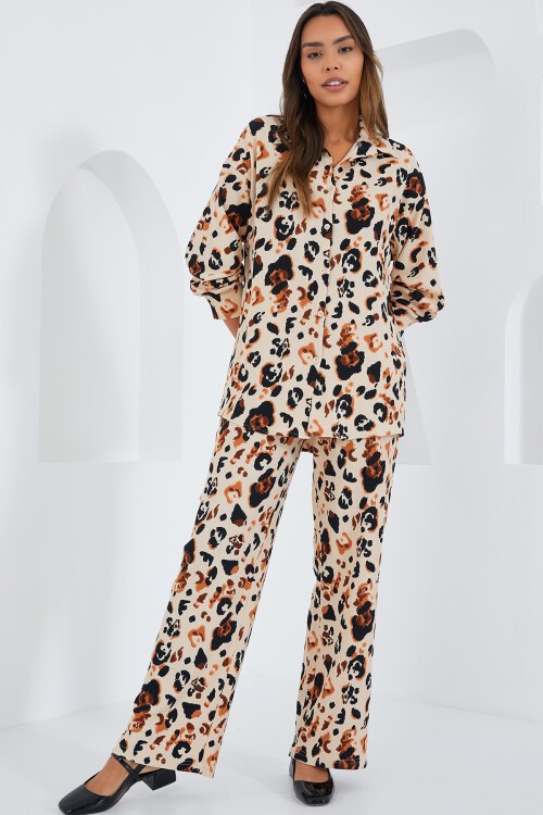 Kadın Krem Kahverengi Desenli Örme İkili Takım 5858