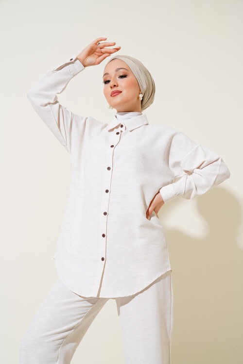 Merterium Kadın Krem Oversize Keten Tesettür Alt Üst Takım 6622