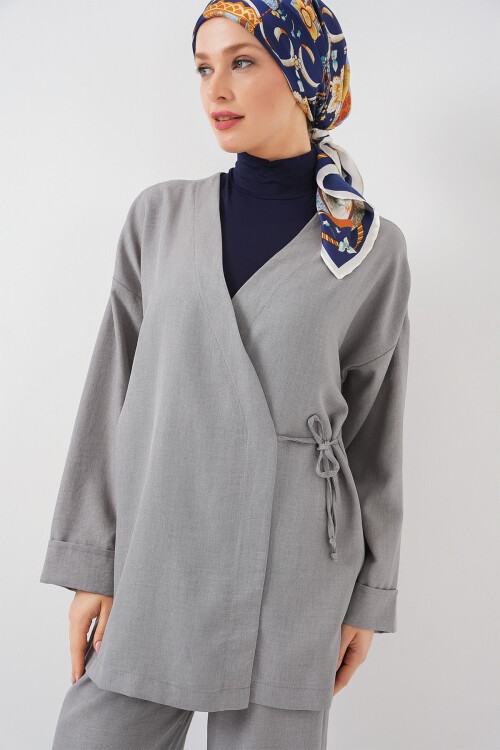 Kadın Kruvaze Yaka Kimono Alt Üst Takım 6743 - Gri
