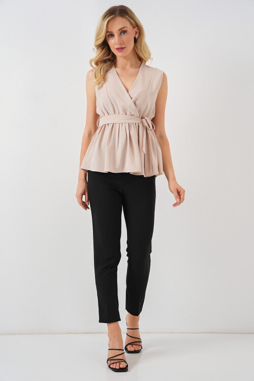 Merterium Kadın Kruvaze Yaka Kolsuz Bluz 966 - Krem