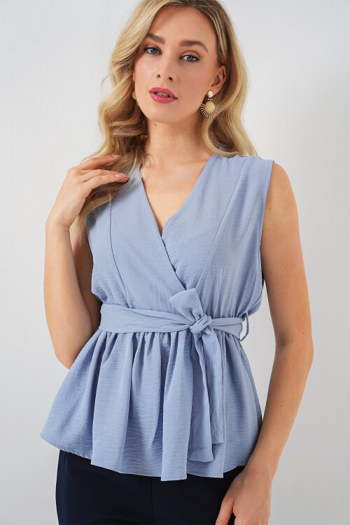 Merterium Kadın Kruvaze Yaka Kolsuz Bluz 966 - Mavi