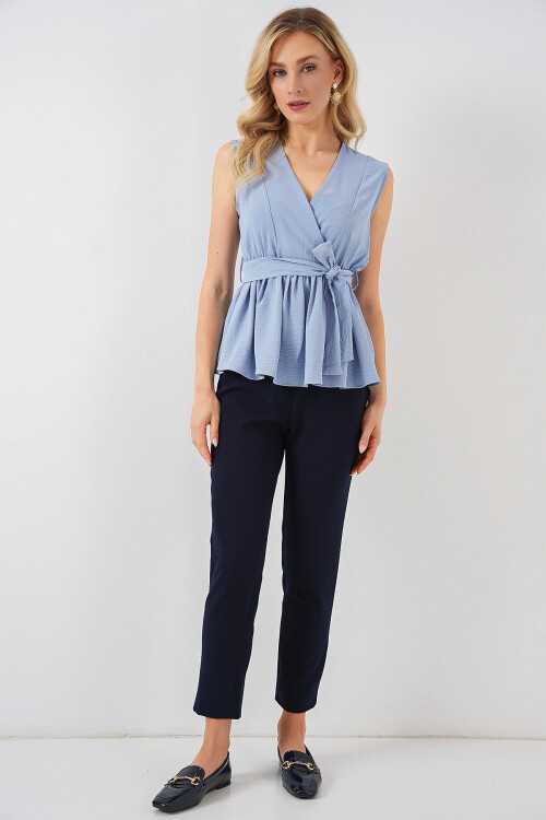 Merterium Kadın Kruvaze Yaka Kolsuz Bluz 966 - Mavi