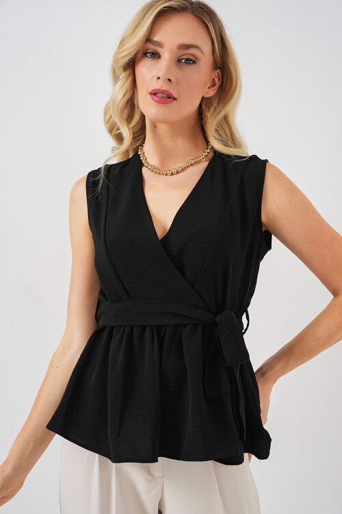 Merterium Kadın Kruvaze Yaka Kolsuz Bluz 966 - Siyah