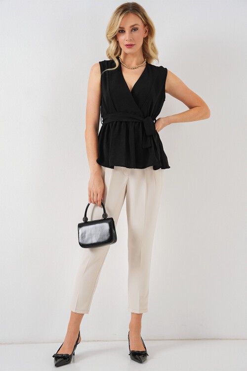 Merterium Kadın Kruvaze Yaka Kolsuz Bluz 966 - Siyah