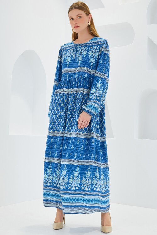 Merterium Kadın Mavi Ekru Desenli Uzun Viskon Elbise 1947