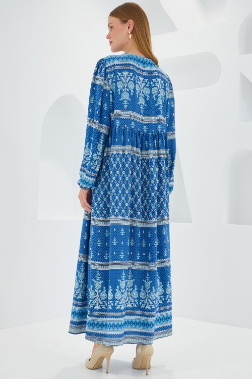 Merterium Kadın Mavi Ekru Desenli Uzun Viskon Elbise 1947