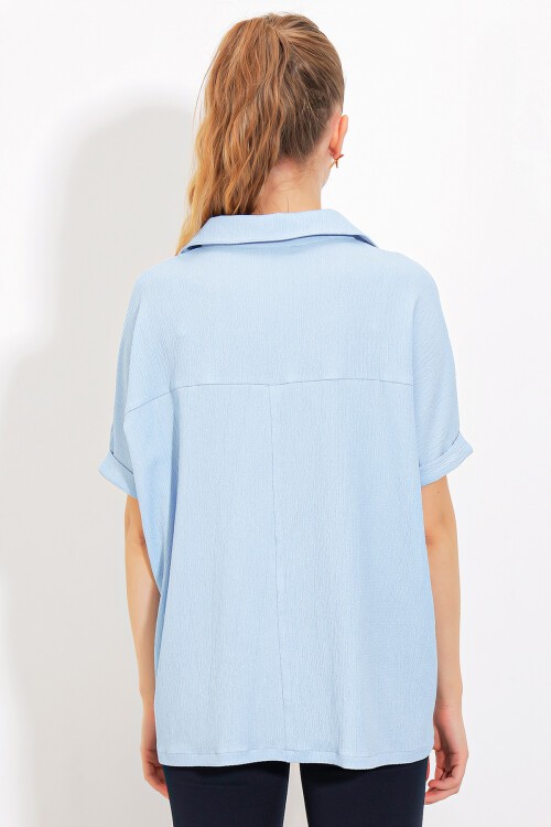 Kadın Mavi Oversize Polo Yaka Örme Bluz 0486