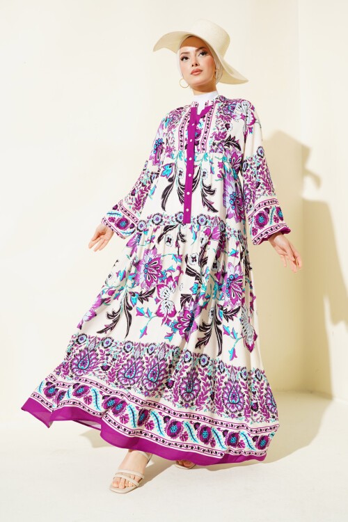 Merterium Kadın Mürdüm Krem Viskon Tesettür Elbise 2423