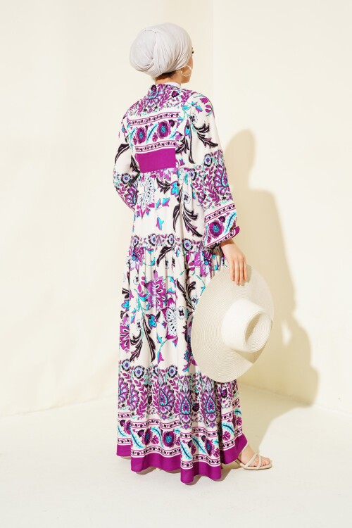 Merterium Kadın Mürdüm Krem Viskon Tesettür Elbise 2423