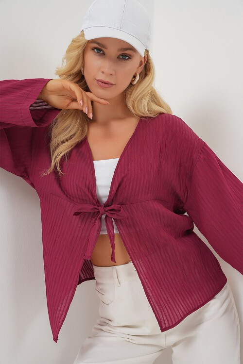 Merterium Kadın Önü Bağcıklı Bluz 952 - Bordo