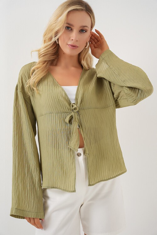 Merterium Kadın Önü Bağcıklı Bluz 952 - Çağla