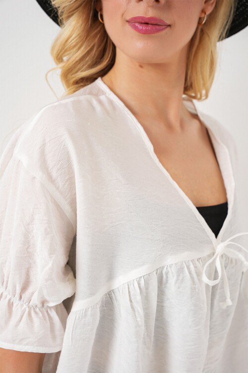 Merterium Kadın Önü Bağcıklı Kısa Kol Bluz 962 - Beyaz