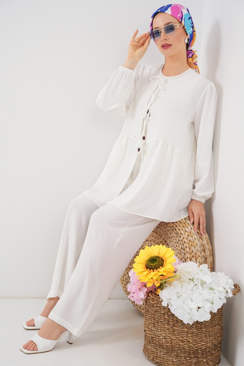 Kadın Önü Bağcıklı Tunik Pantolon İkili Takım 6744 - Beyaz