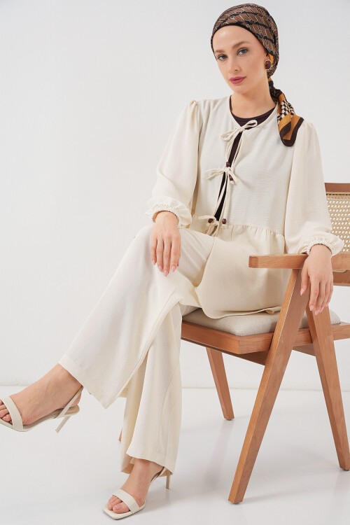 Kadın Önü Bağcıklı Tunik Pantolon İkili Takım 6744 - Ekru