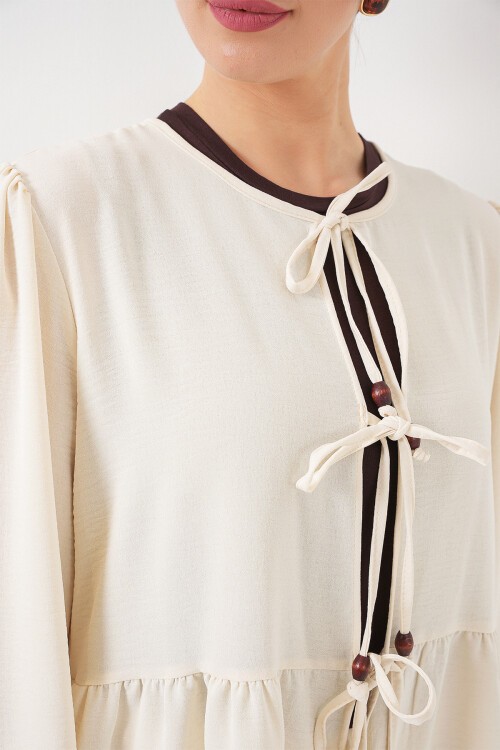 Kadın Önü Bağcıklı Tunik Pantolon İkili Takım 6744 - Ekru