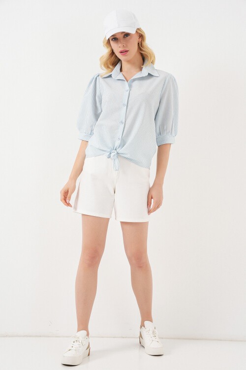 Kadın Önü Bağlamalı Çizgili Gömlek 20323 - Mavi