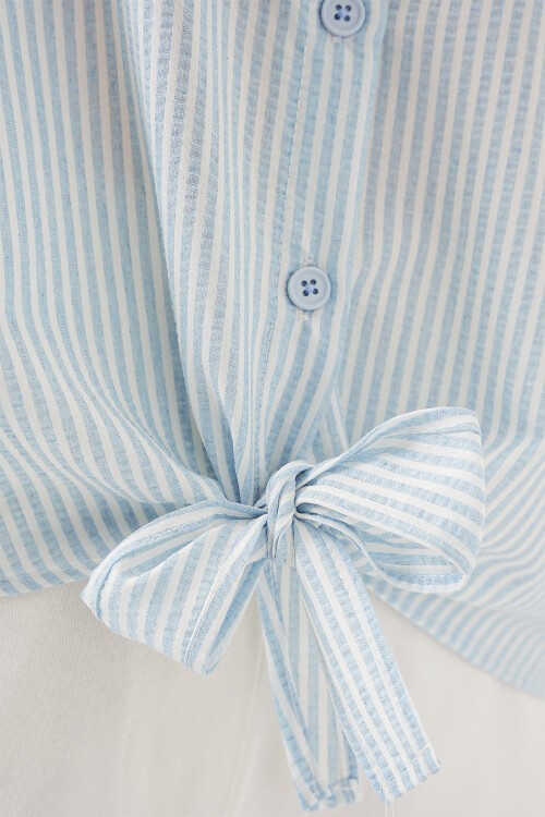 Kadın Önü Bağlamalı Çizgili Gömlek 20323 - Mavi