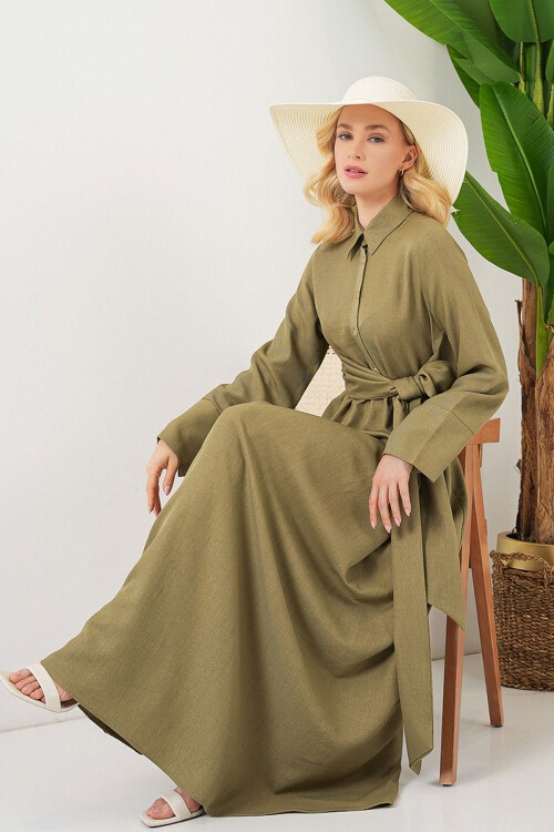 Kadın Önü Bağlamalı Keten Elbise 2574 - Çağla
