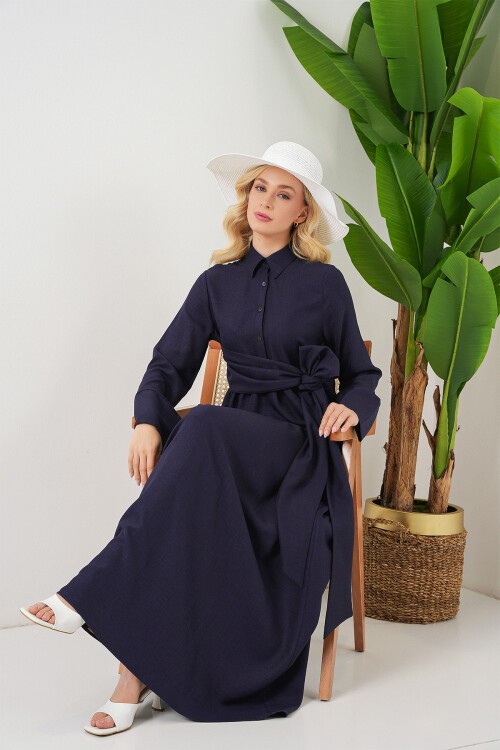 Kadın Önü Bağlamalı Keten Elbise 2574 - Lacivert