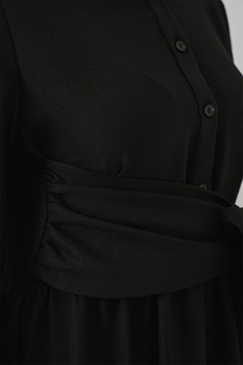 Kadın Önü Bağlamalı Keten Elbise 2574 - Siyah