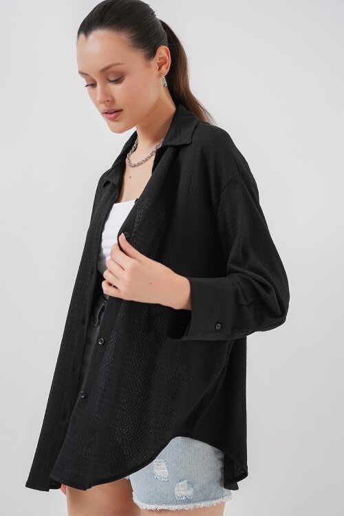 Merterium Kadın Örme Oversize Gömlek 20264 - Siyah