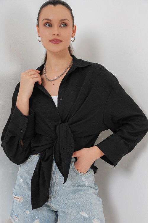 Merterium Kadın Örme Oversize Gömlek 20264 - Siyah