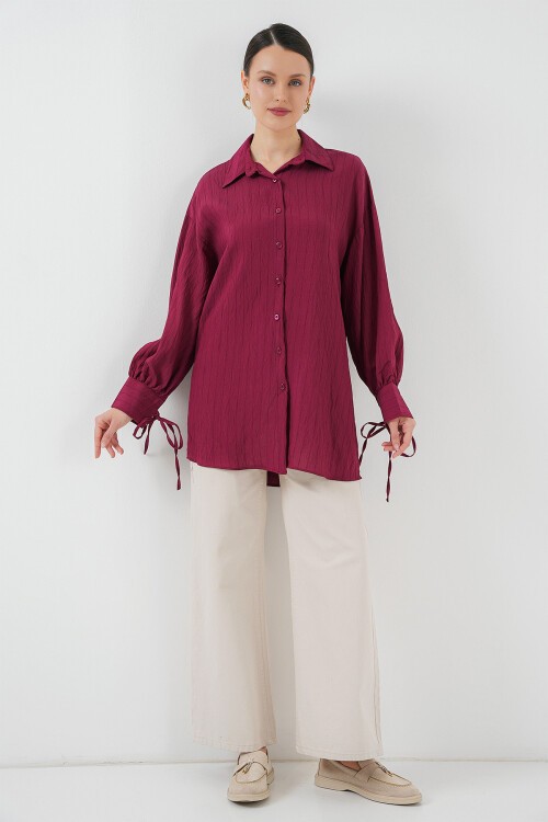 Merterium Kadın Oversize Bağcıklı Gömlek 5954 - Bordo