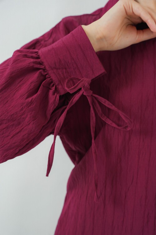 Merterium Kadın Oversize Bağcıklı Gömlek 5954 - Bordo