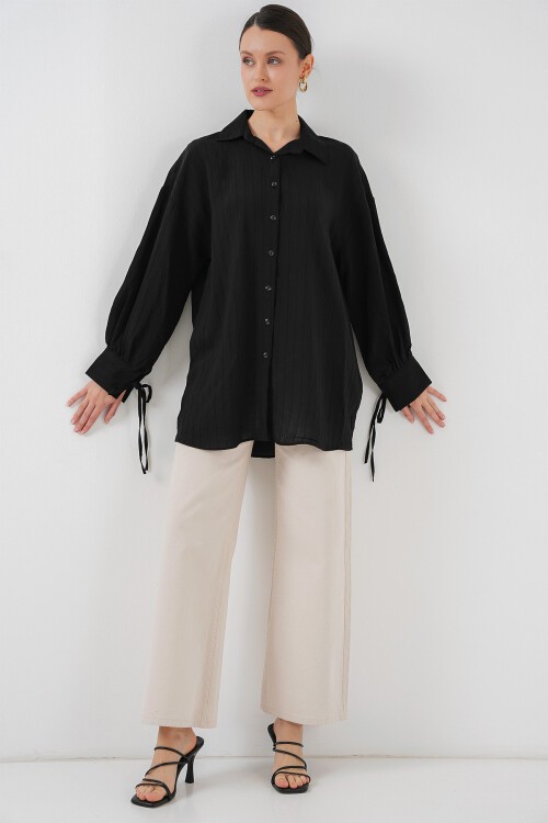 Merterium Kadın Oversize Bağcıklı Gömlek 5954 - Siyah