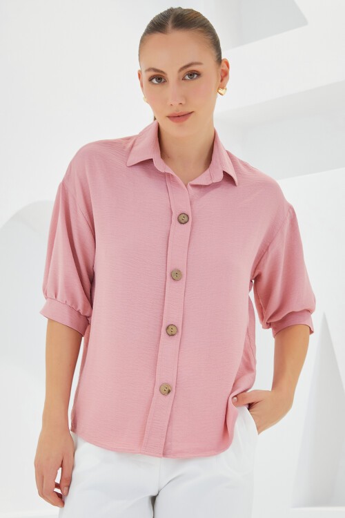 Merterium Kadın Pembe Kısa Kol Oversize Keten Gömlek 20240