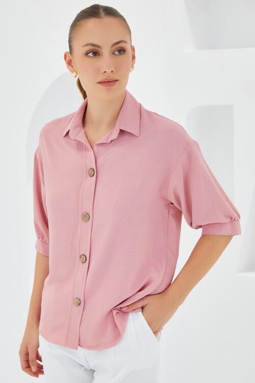 Merterium Kadın Pembe Kısa Kol Oversize Keten Gömlek 20240