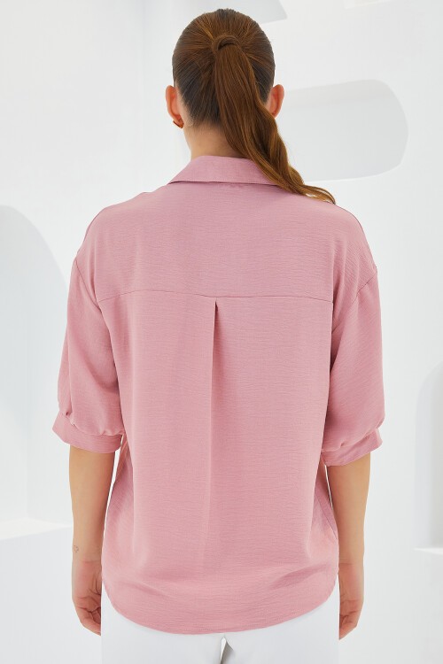 Merterium Kadın Pembe Kısa Kol Oversize Keten Gömlek 20240