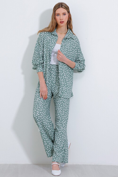 Merterium Kadın Puantiyeli Mint Ekru Örme İkili Takım 5858