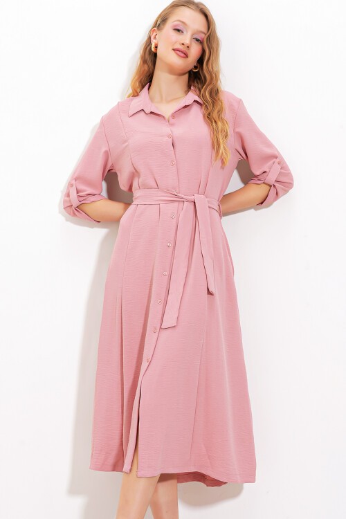 Merterium Kadın Pudra Kuşaklı Gömlek Elbise 2442