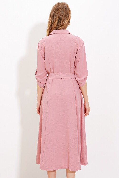 Merterium Kadın Pudra Kuşaklı Gömlek Elbise 2442