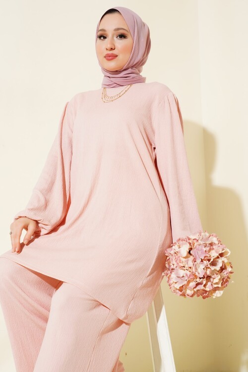Merterium Kadın Pudra Tunik Pantolon Alt Üst Takım 6663