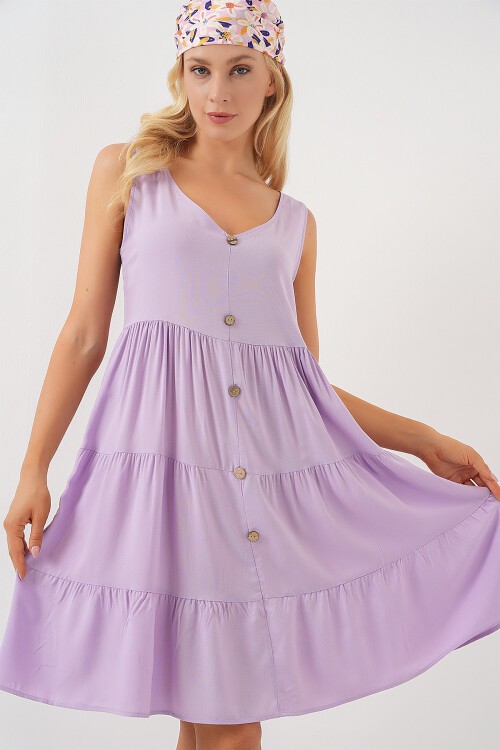 Merterium Kadın Sıfır Kol Düğmeli Kısa Elbise 2571 - Lila
