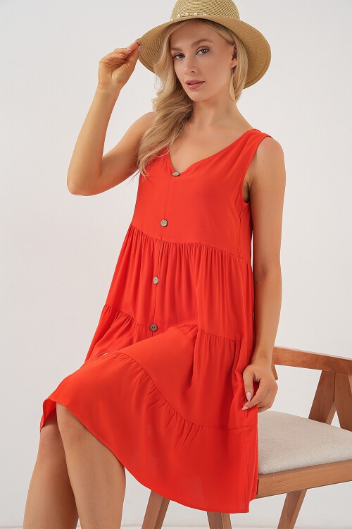 Merterium Kadın Sıfır Kol Düğmeli Kısa Elbise 2571 - Nar