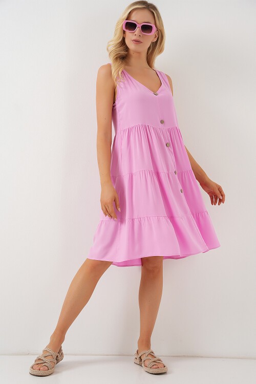 Merterium Kadın Sıfır Kol Düğmeli Kısa Elbise 2571 - Pembe