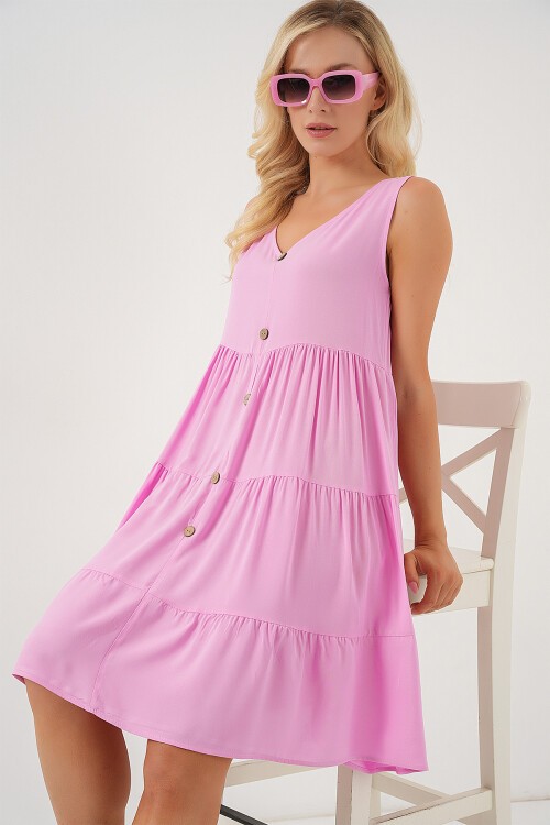 Merterium Kadın Sıfır Kol Düğmeli Kısa Elbise 2571 - Pembe