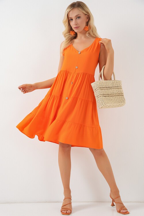 Merterium Kadın Sıfır Kol Düğmeli Kısa Elbise 2571 - Turuncu