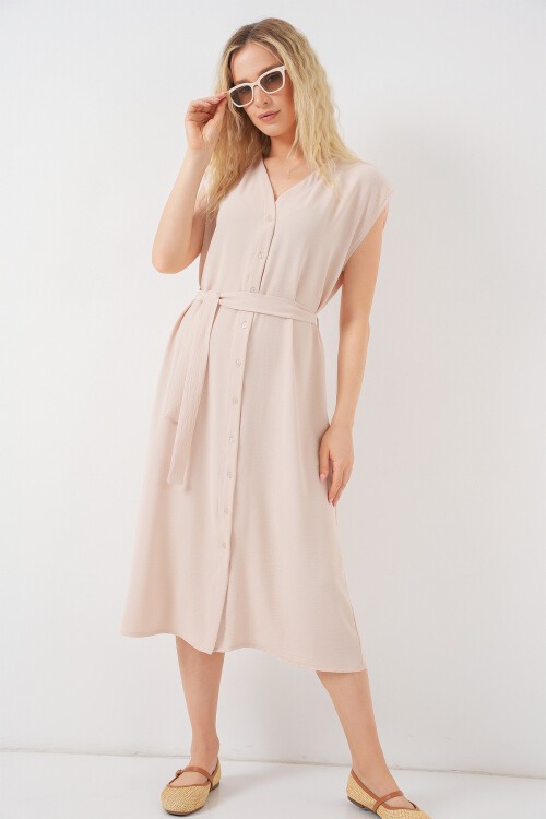 Kadın Sıfır Kol Kuşaklı Ayrobin Elbise 2568 - Krem