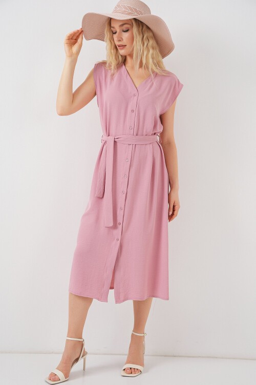 Kadın Sıfır Kol Kuşaklı Ayrobin Elbise 2568 - Pudra