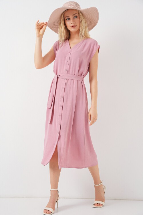 Kadın Sıfır Kol Kuşaklı Ayrobin Elbise 2568 - Pudra