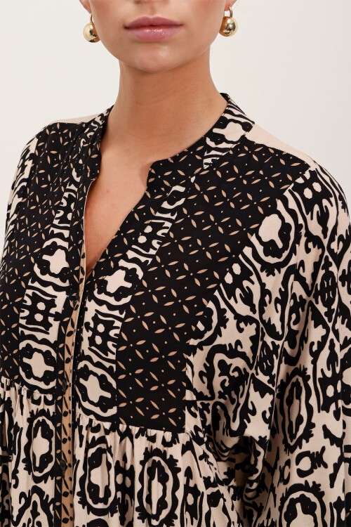 Merterium Kadın Siyah Bej Desenli Viskon Tesettür Elbise 2423