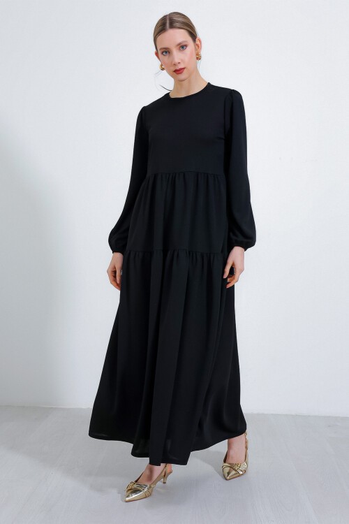 Merterium Kadın Siyah Uzun Boydan Örme Tesettür Elbise 2482