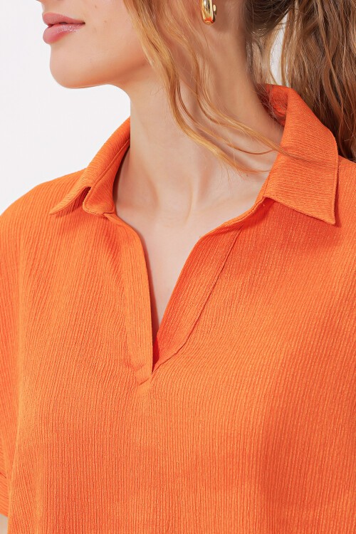 Merterium Kadın Turuncu Oversize Polo Yaka Örme Bluz 0486