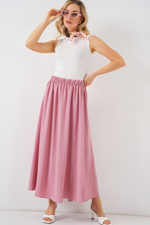 Merterium Kadın Uzun Ayrobin Etek 8050 - Pudra