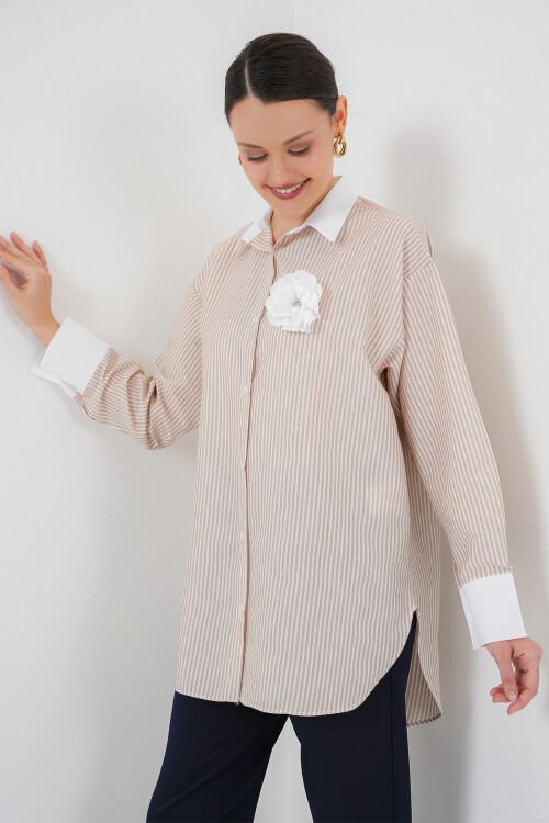 Merterium Kadın Uzun Çizgili Gömlek 5962 - Bej