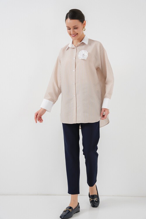 Merterium Kadın Uzun Çizgili Gömlek 5962 - Bej